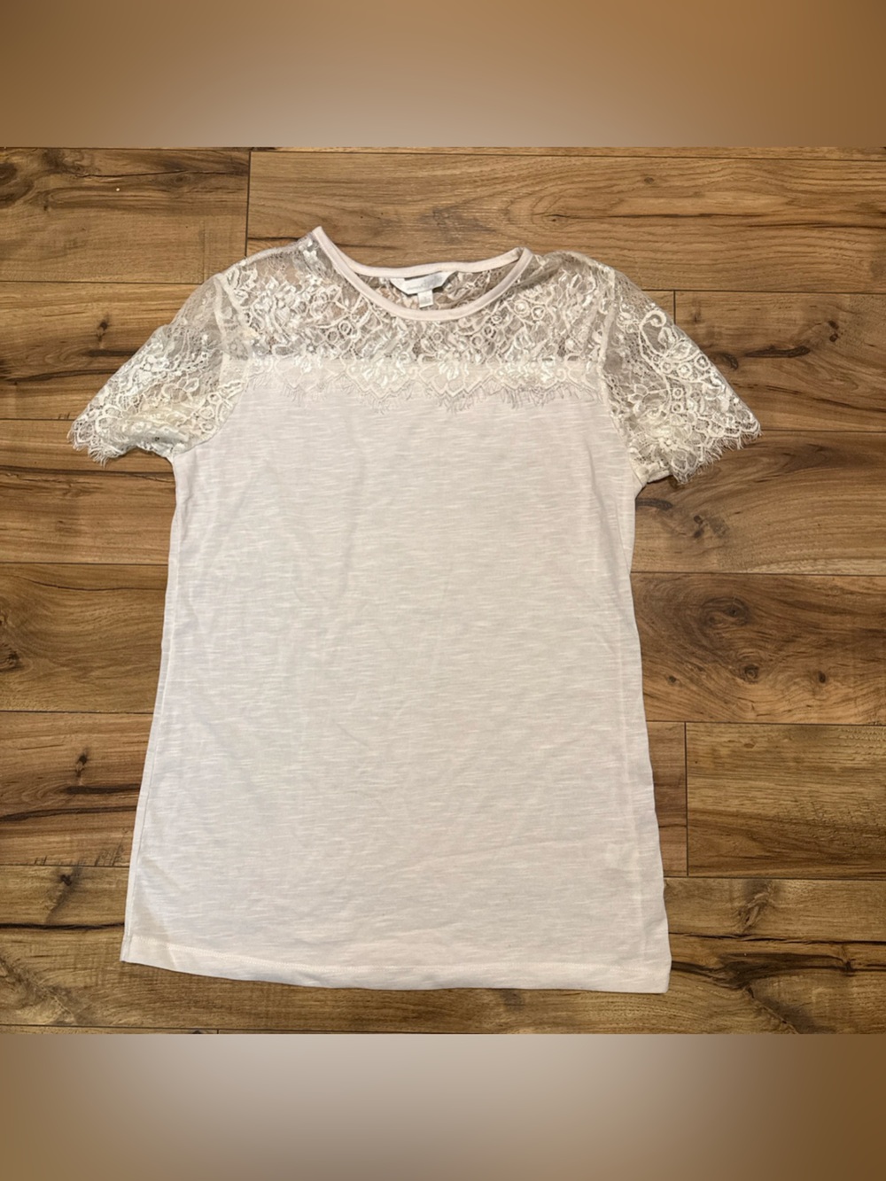 Charming Charlie White Lace Yoke Short Sleeve Tee